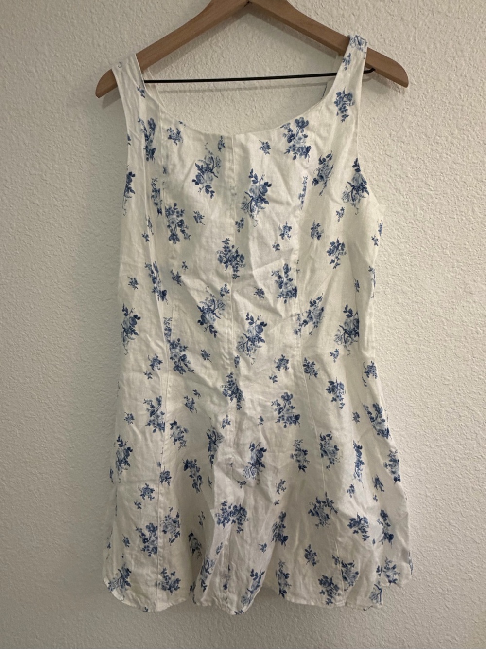 Reformation White Linen Dress with Blue Floral Print